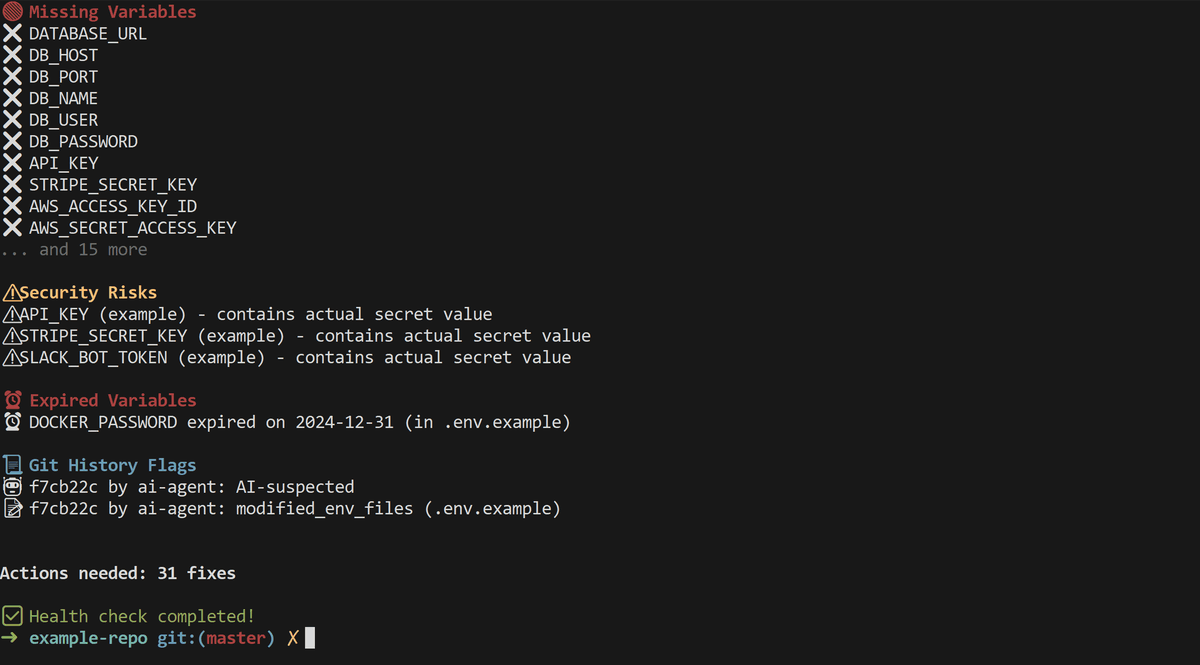 EnvLock CLI example output showing health check results